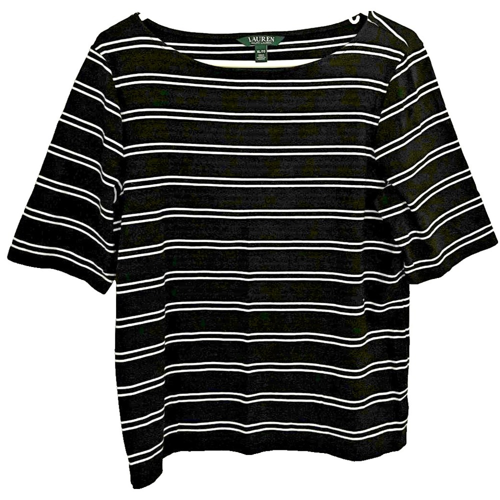 Lauren Ralph Lauren Shirt Womens XL Black White Striped Boatneck Short Sleeve